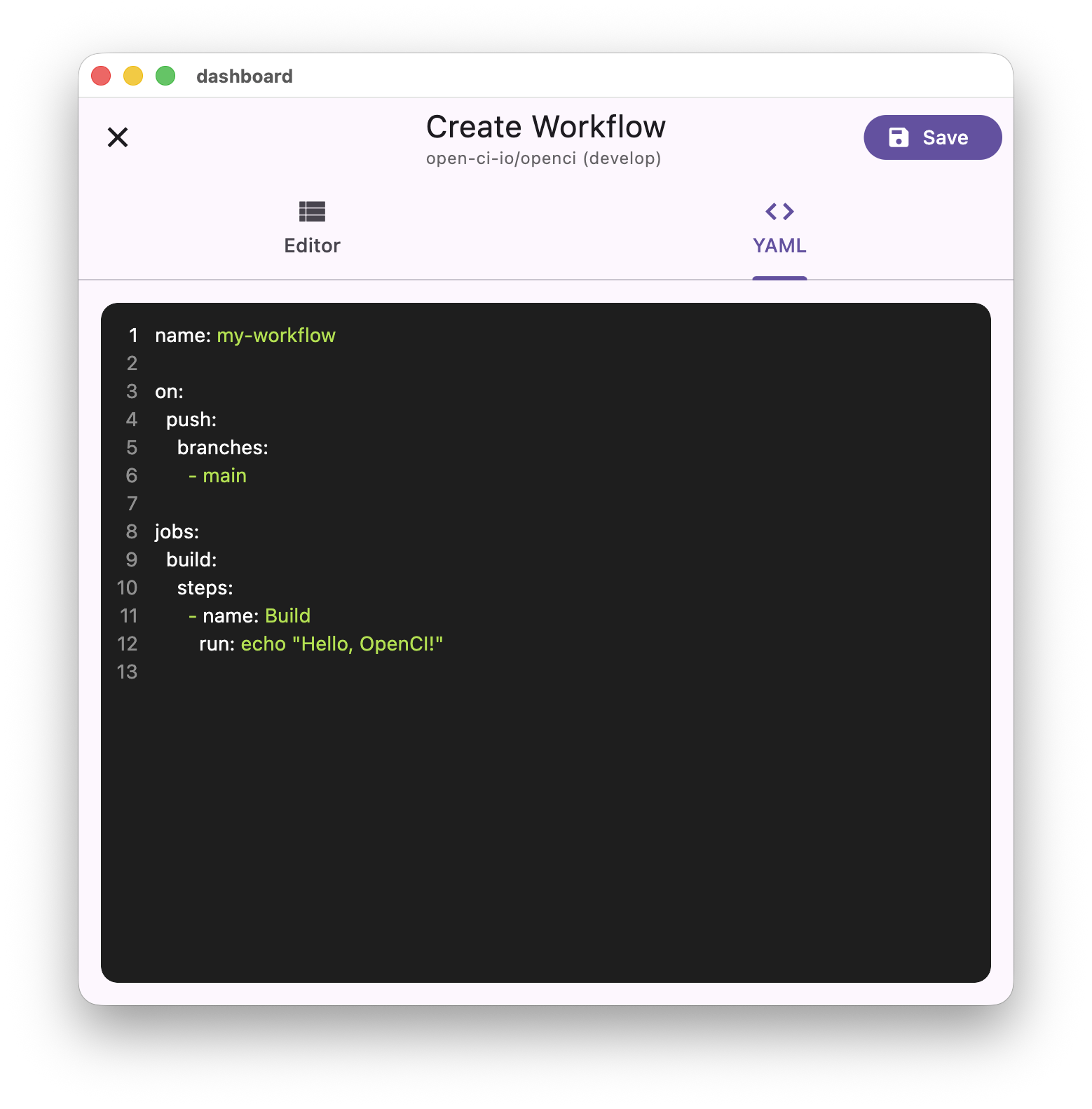 Create workflow with YAML editor