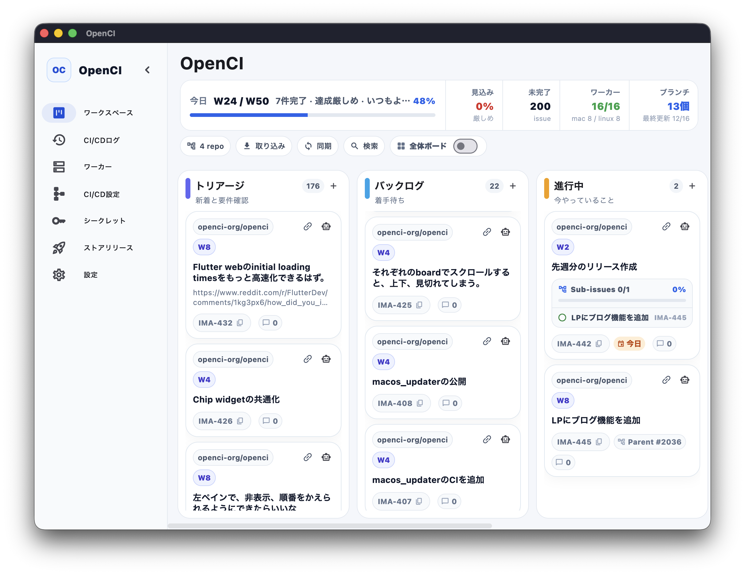複数repositoryのタスクを扱うOpenCIのカンバン画面